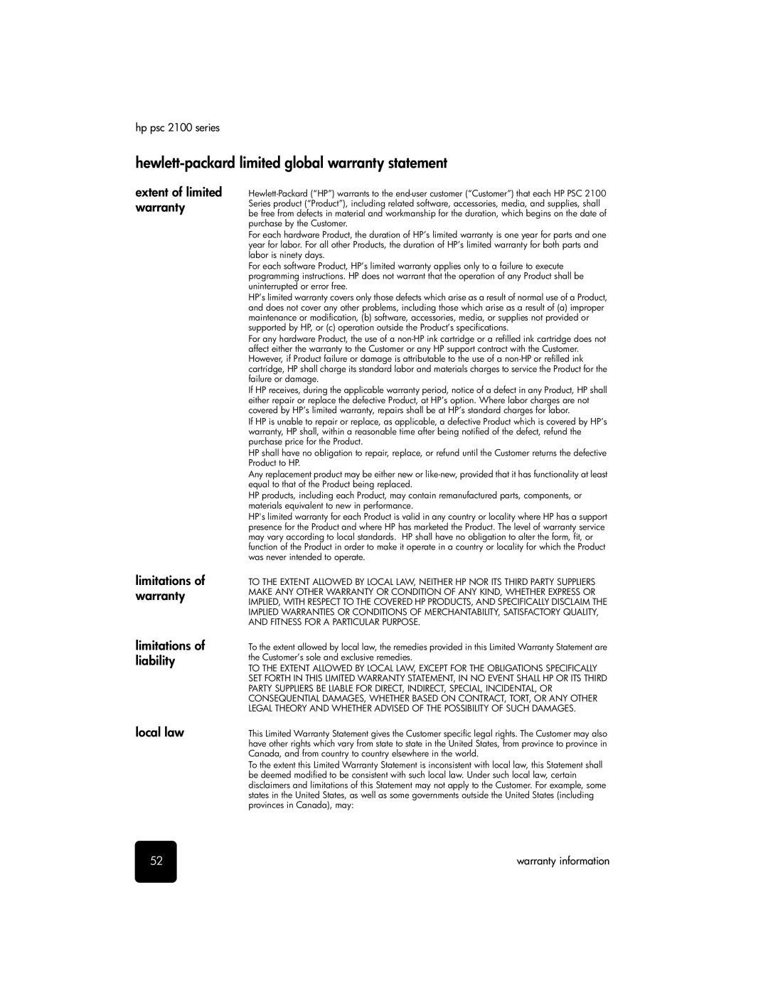 HP 2100 manual Hewlett-packard limited global warranty statement 