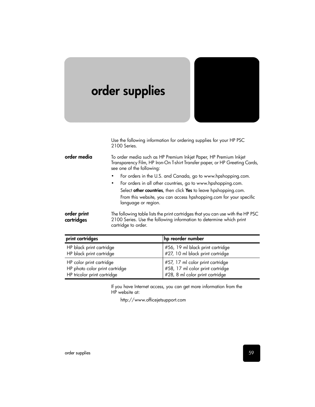 HP 2100 manual Order supplies, Order media, Order print, Cartridges, Print cartridges Hp reorder number 