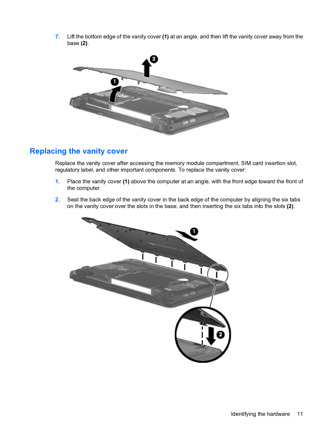 HP 2101010NR manual Replacing the vanity cover 