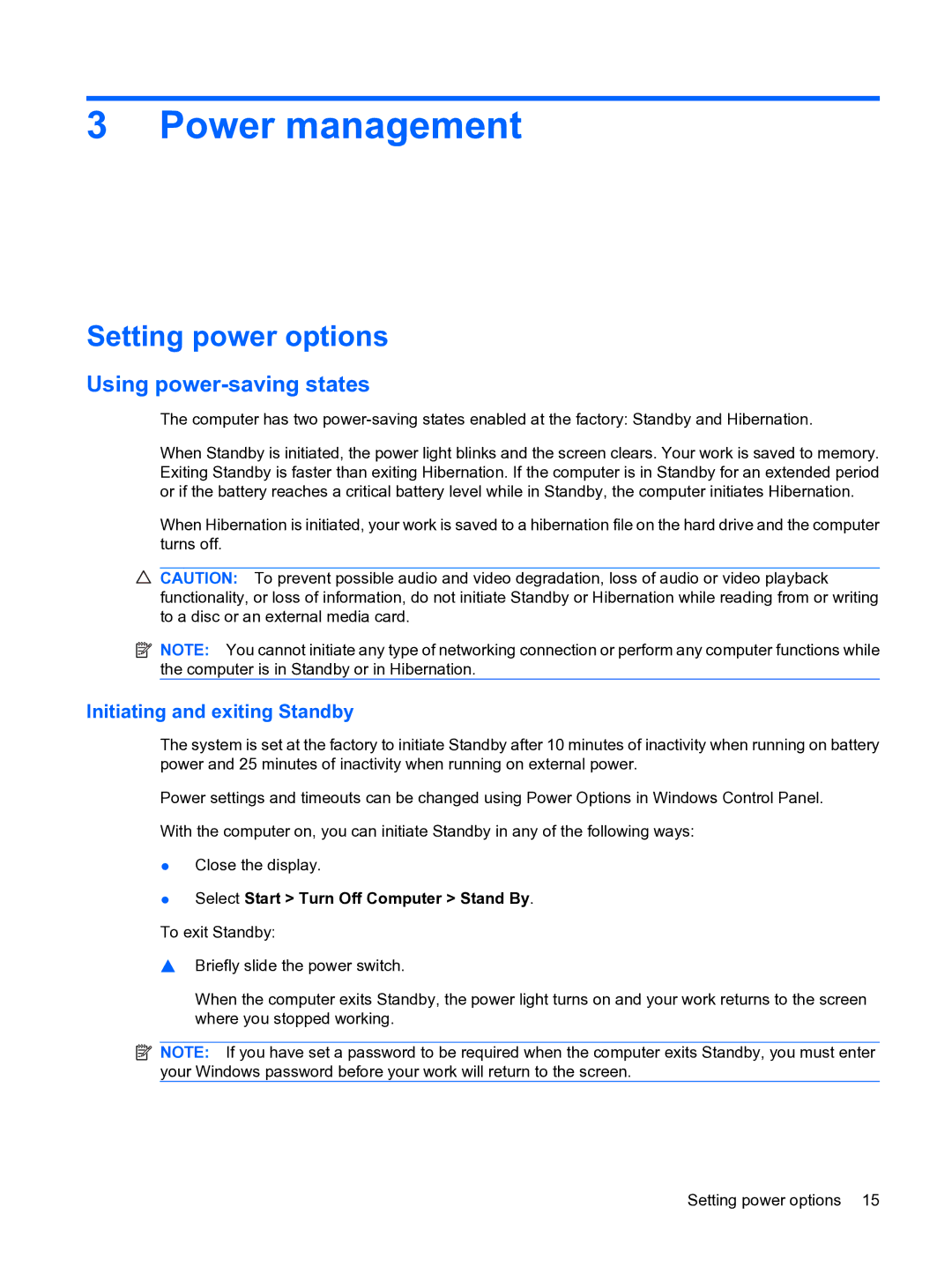 HP 2101010NR manual Power management, Setting power options, Using power-saving states, Initiating and exiting Standby 