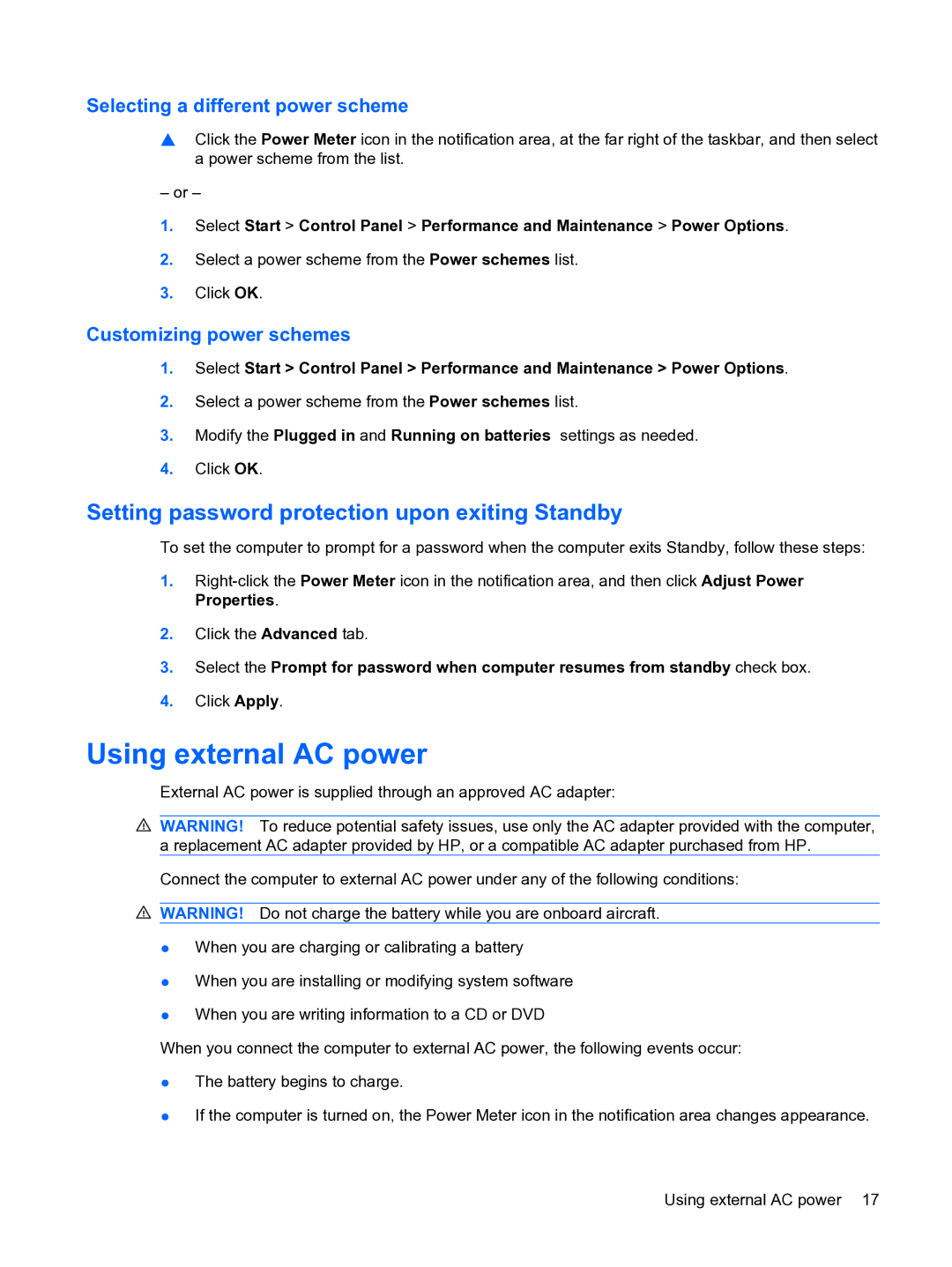 HP 2101010NR Using external AC power, Setting password protection upon exiting Standby, Selecting a different power scheme 