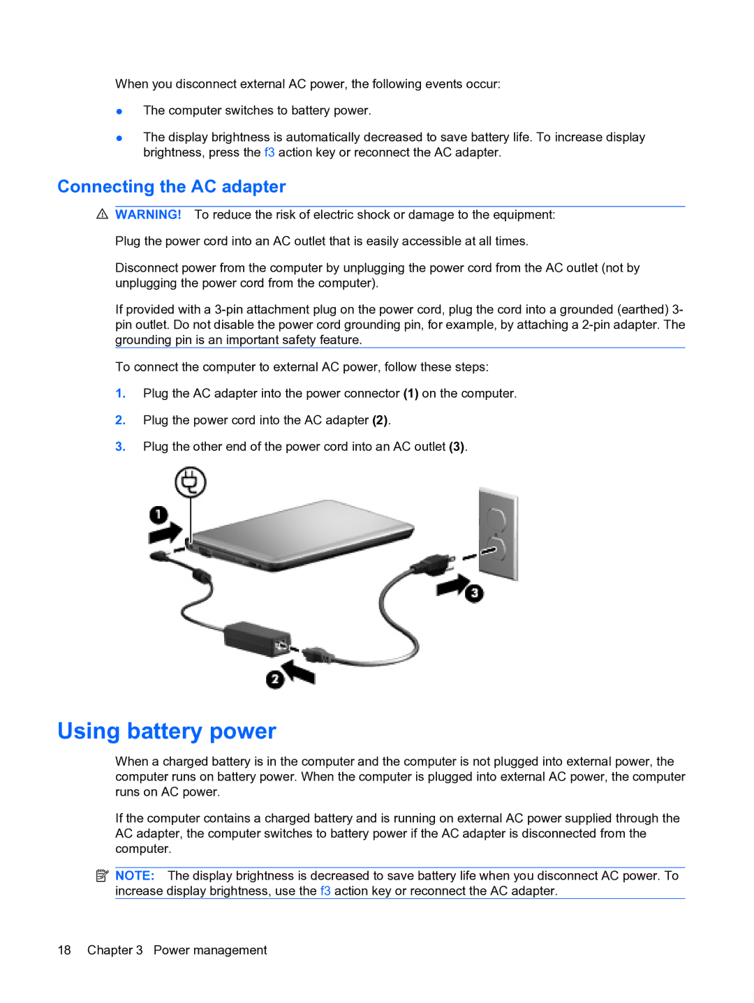 HP 2101010NR manual Using battery power, Connecting the AC adapter 