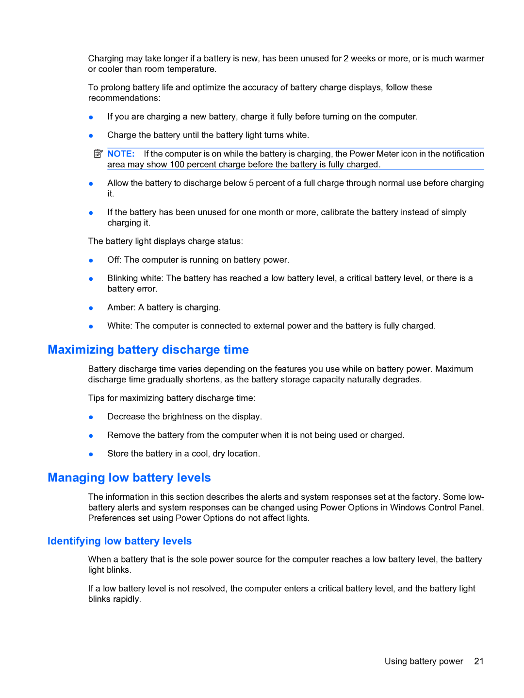 HP 2101010NR manual Maximizing battery discharge time, Managing low battery levels, Identifying low battery levels 