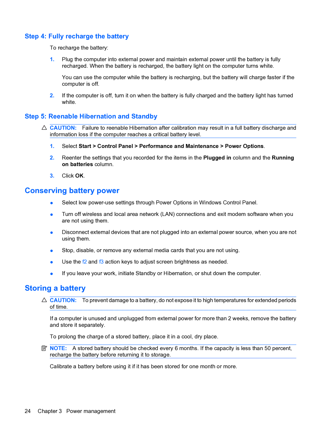 HP 2101010NR Conserving battery power, Storing a battery, Fully recharge the battery, Reenable Hibernation and Standby 