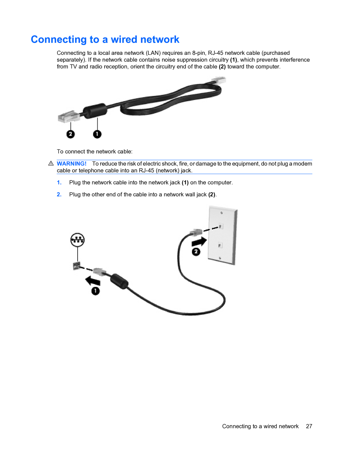 HP 2101010NR manual Connecting to a wired network 