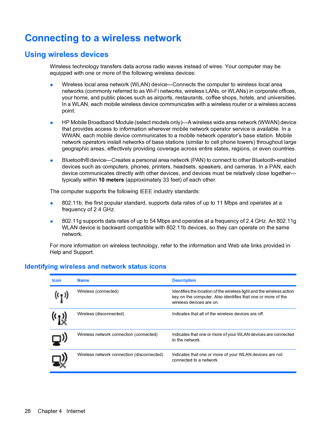 HP 2101010NR manual Connecting to a wireless network, Using wireless devices, Identifying wireless and network status icons 