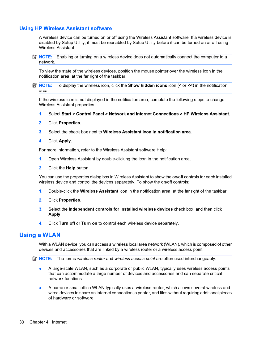 HP 2101010NR manual Using a Wlan, Using HP Wireless Assistant software 