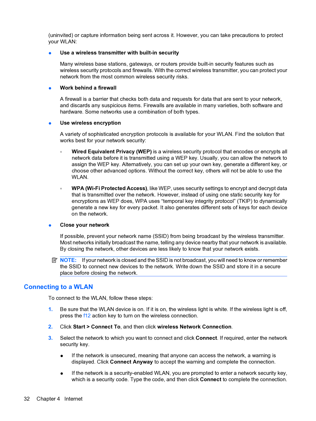 HP 2101010NR manual Connecting to a Wlan, Use a wireless transmitter with built-in security 