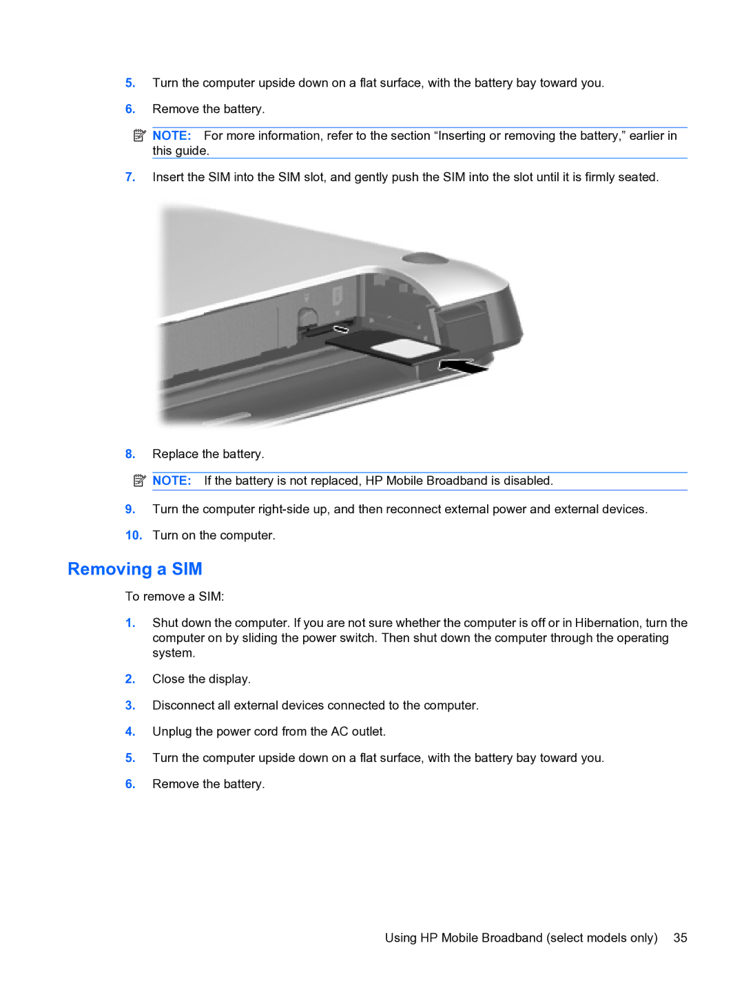 HP 2101010NR manual Removing a SIM 