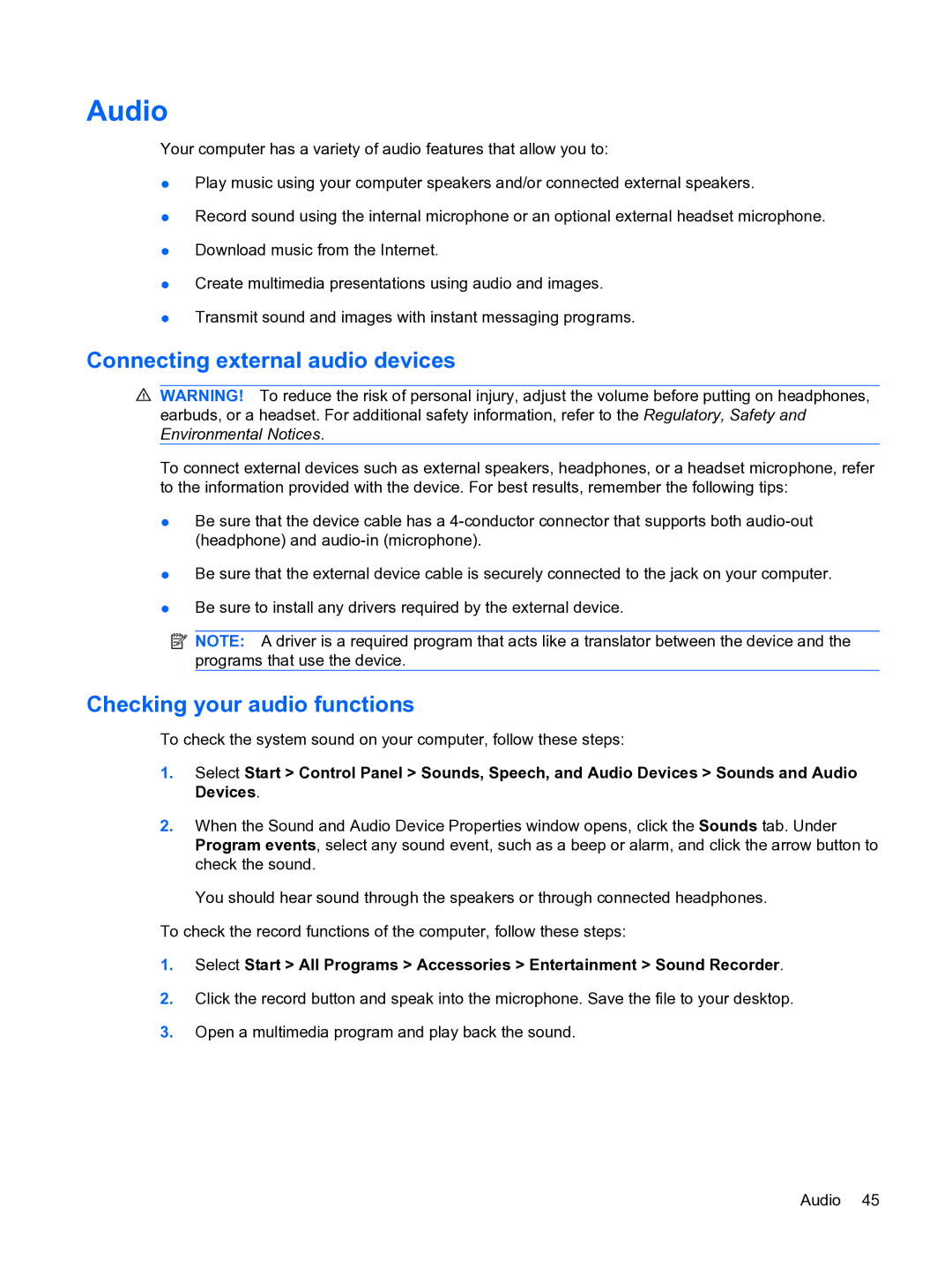 HP 2101010NR manual Audio, Connecting external audio devices, Checking your audio functions 