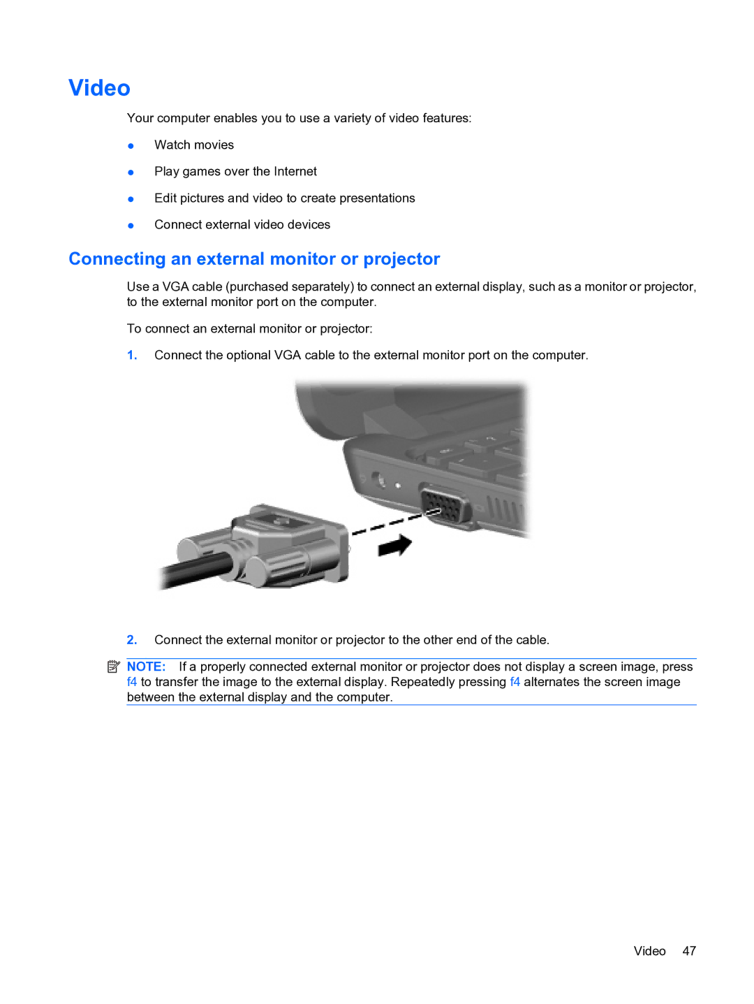 HP 2101010NR manual Video, Connecting an external monitor or projector 