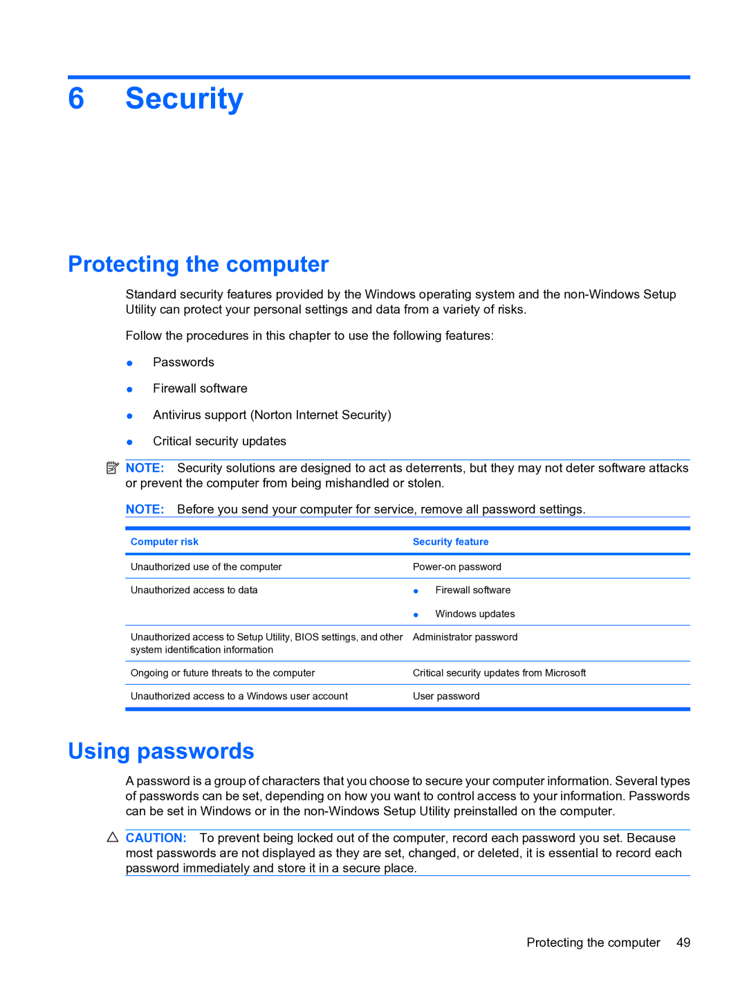 HP 2101010NR manual Security, Protecting the computer, Using passwords 