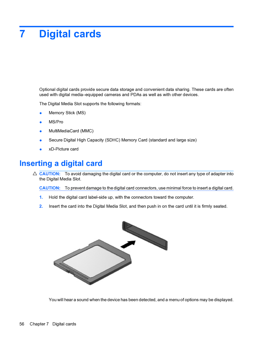 HP 2101010NR manual Digital cards, Inserting a digital card 