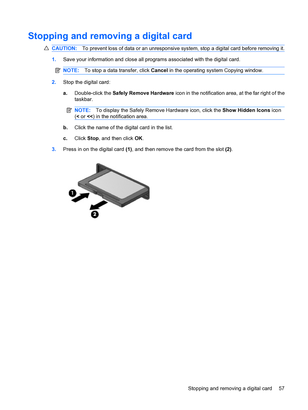 HP 2101010NR manual Stopping and removing a digital card 