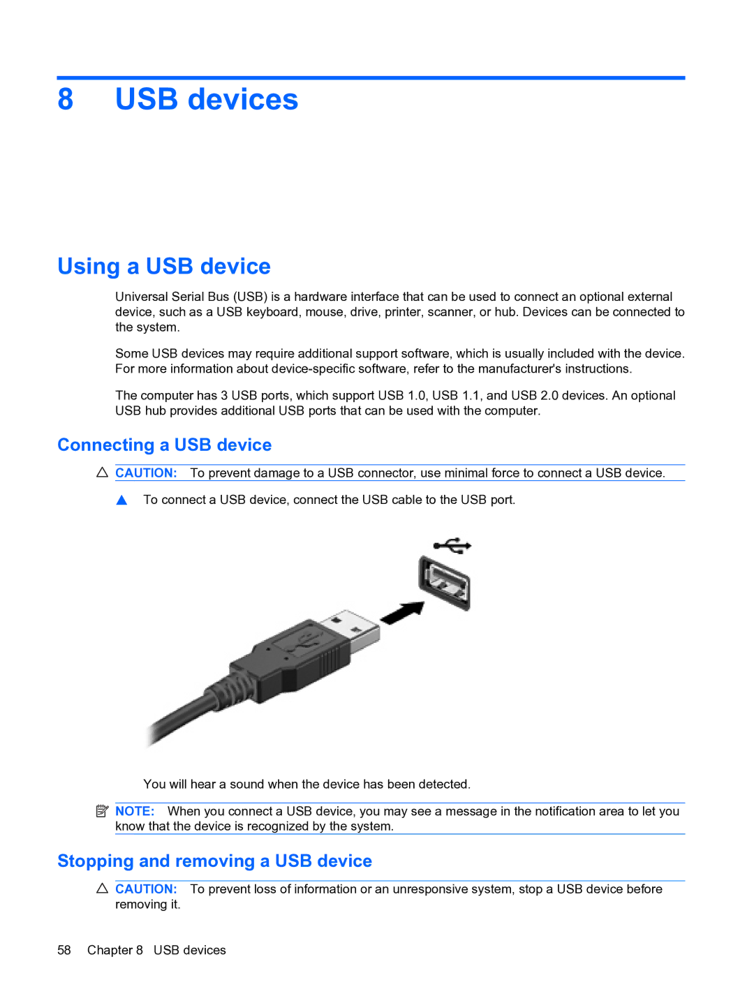 HP 2101010NR manual USB devices, Using a USB device, Connecting a USB device, Stopping and removing a USB device 