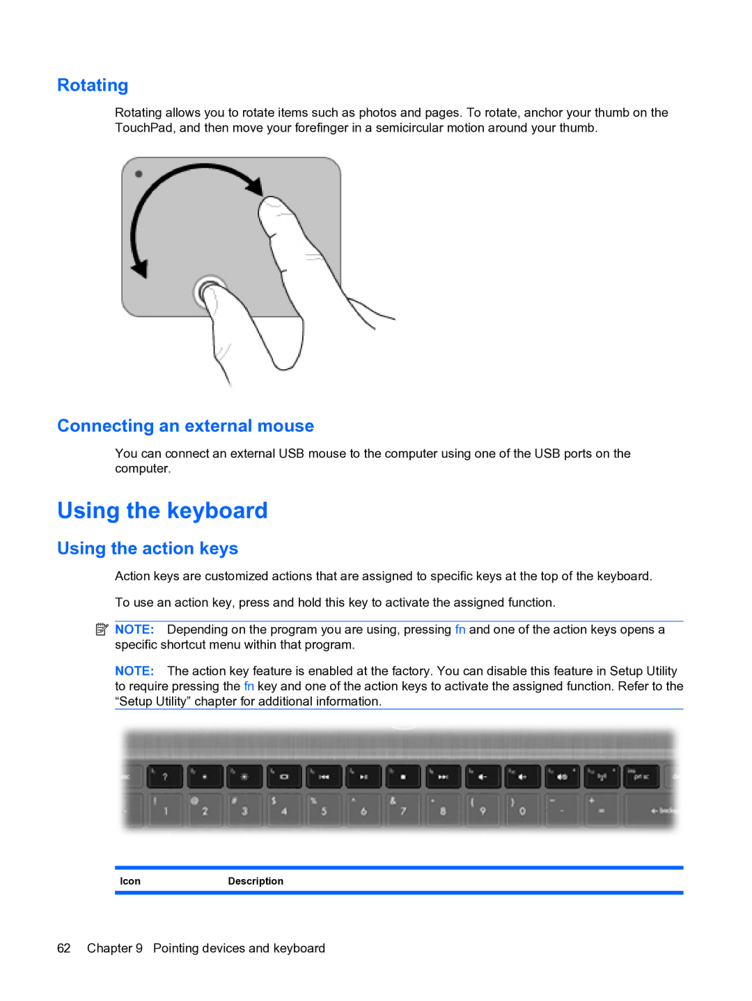 HP 2101010NR manual Using the keyboard, Rotating, Connecting an external mouse, Using the action keys 