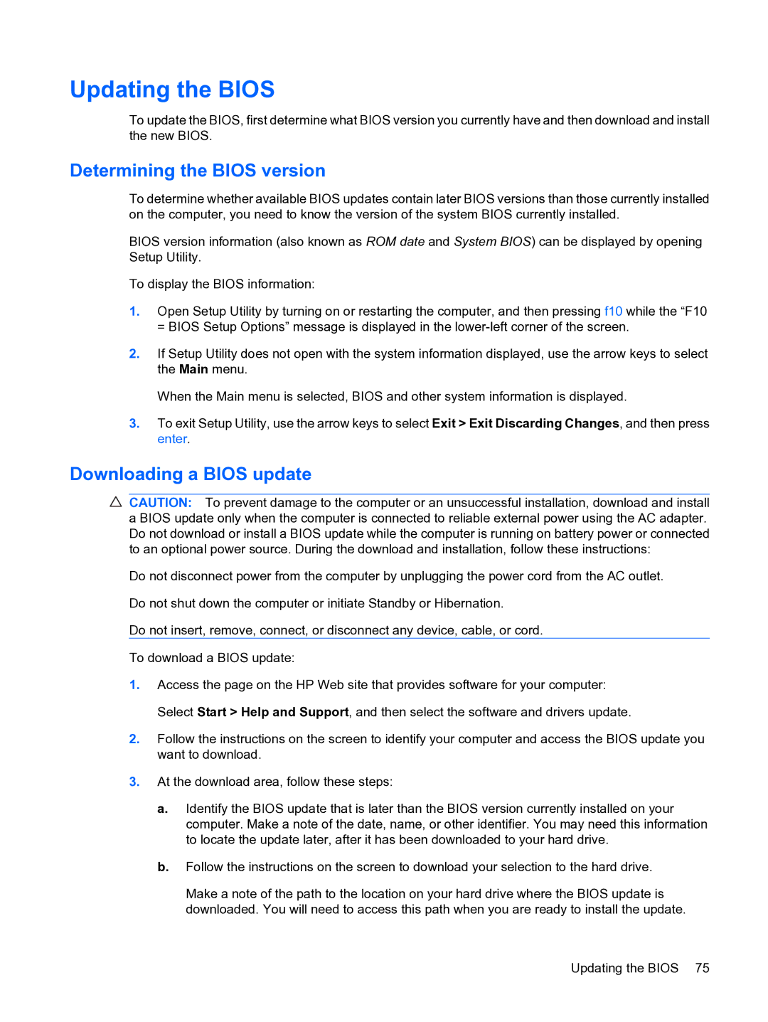 HP 2101010NR manual Updating the Bios, Determining the Bios version, Downloading a Bios update 