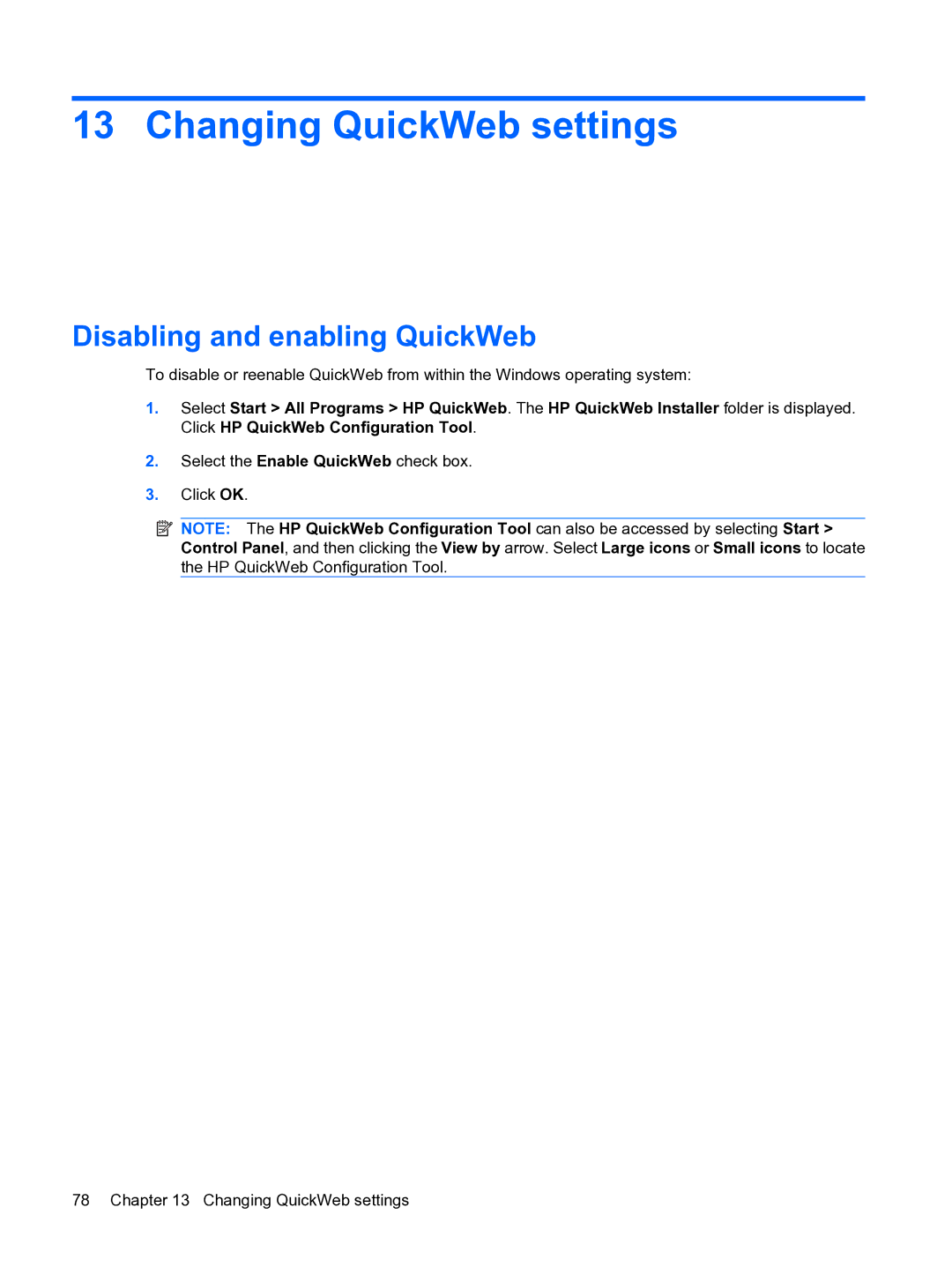 HP 2101010NR manual Changing QuickWeb settings, Disabling and enabling QuickWeb 