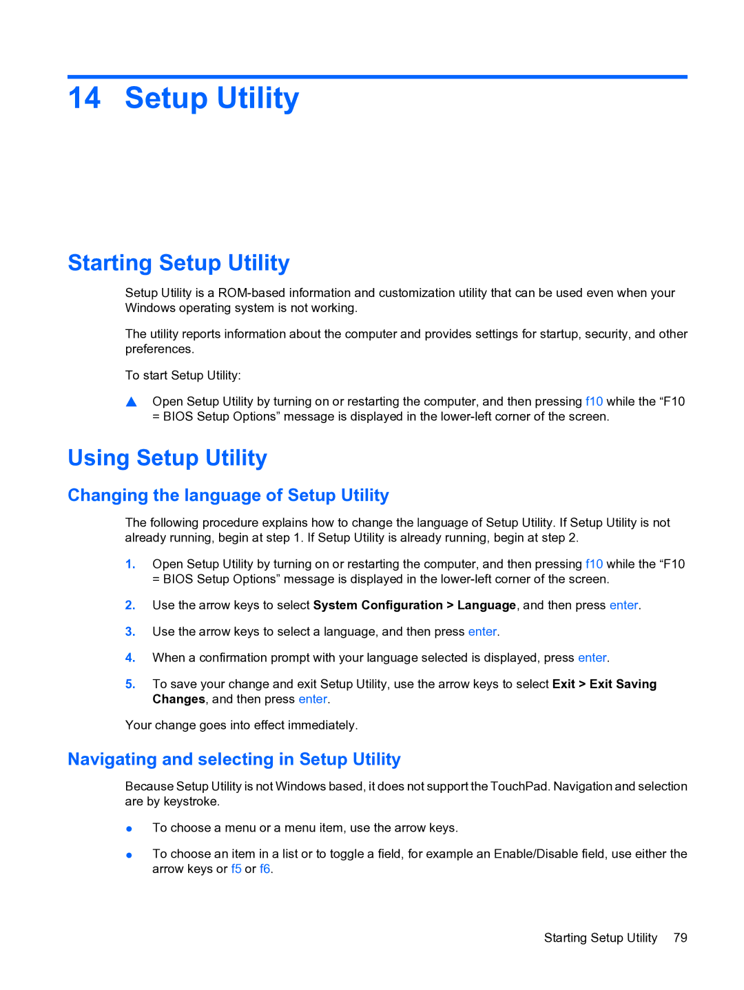 HP 2101010NR manual Starting Setup Utility, Using Setup Utility, Changing the language of Setup Utility 