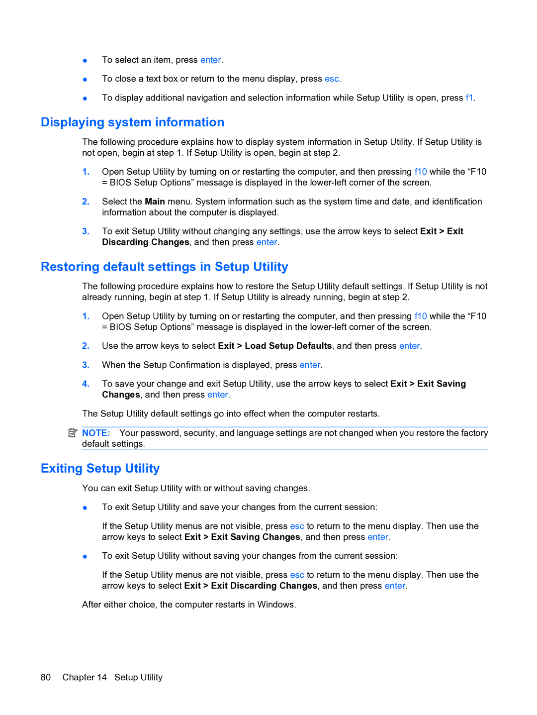 HP 2101010NR manual Displaying system information, Restoring default settings in Setup Utility, Exiting Setup Utility 