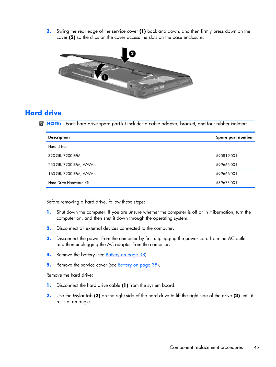 HP 2102 WH239UT 10.1' Netbook WH239UT#ABA manual Hard drive, Description Spare part number 