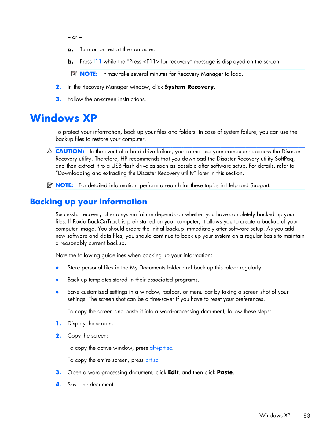 HP 2102 WH239UT 10.1' Netbook WH239UT#ABA manual Windows XP, Backing up your information 