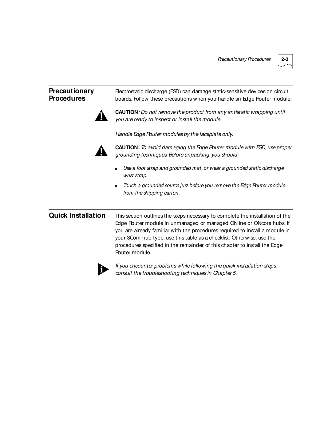 HP 2103R-CSDI manual Precautionary, Procedures, Quick Installation, Router module 