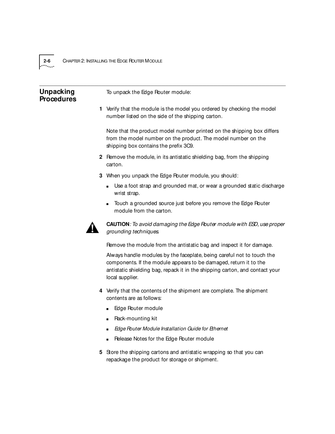 HP 2103R-CSDI manual Unpacking, Edge Router Module Installation Guide for Ethernet 