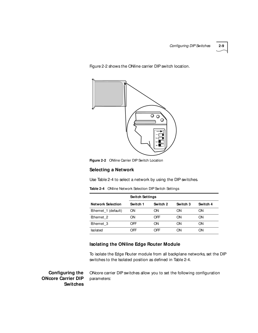 HP 2103R-CSDI manual Isolating the ONline Edge Router Module, Configuring, ONcore Carrier DIP Parameters Switches 