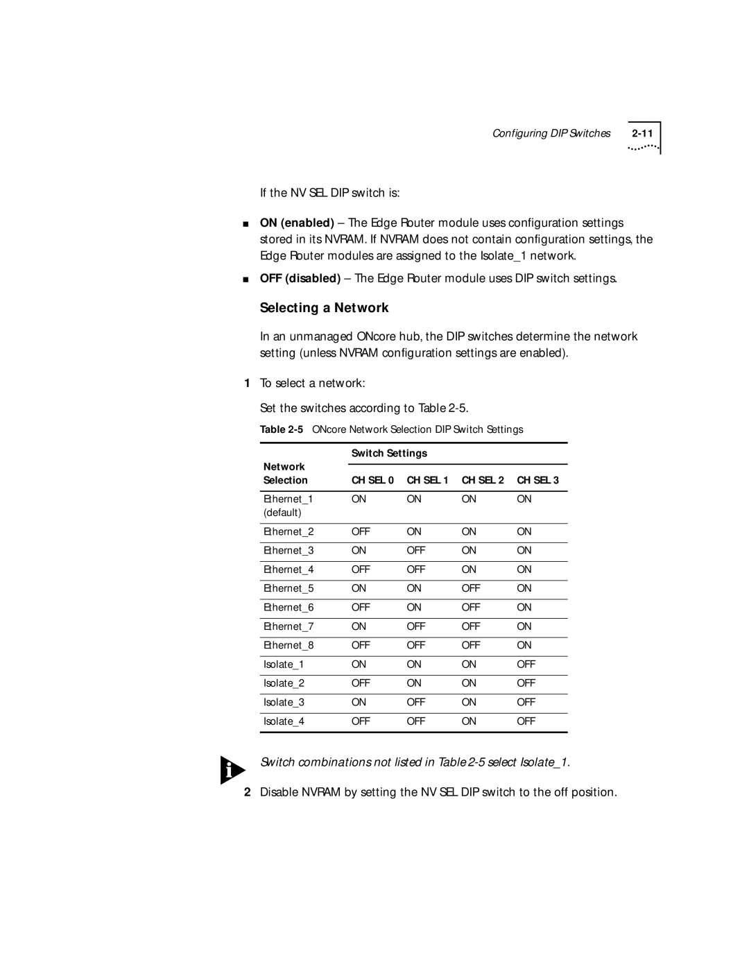 HP 2103R-CSDI manual If the NV SEL DIP switch is, To select a network Set the switches according to Table 