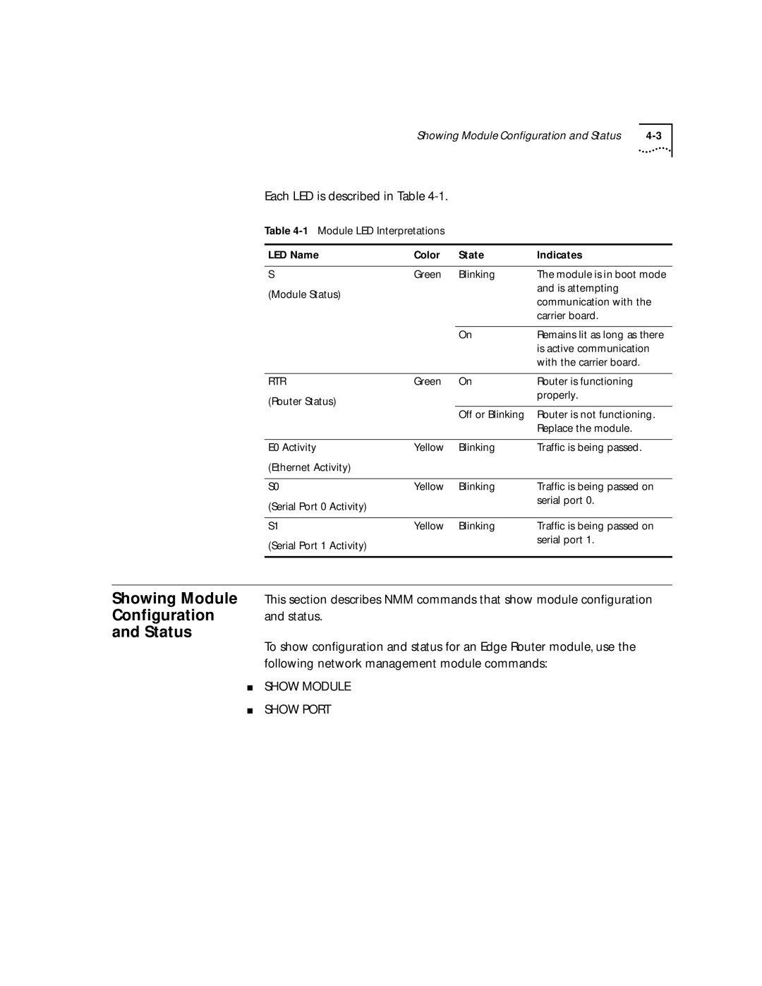 HP 2103R-CSDI manual Showing Module, Status, Each LED is described in Table, Following network management module commands 