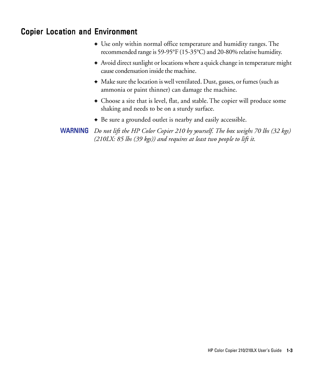 HP 210Lx manual Copier Location and Environment 