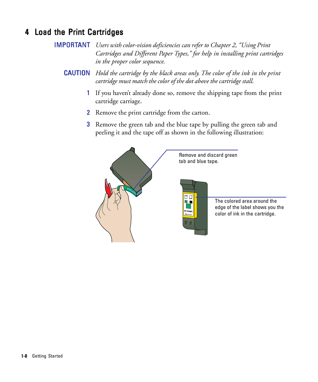 HP 210Lx manual Load the Print Cartridges, Remove and discard green tab and blue tape 