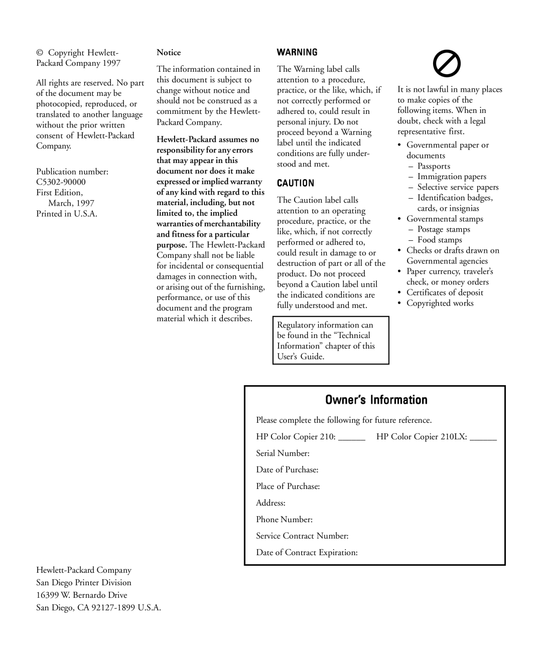 HP 210Lx manual Owner’s Information 