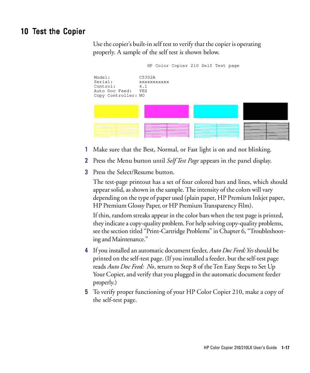 HP 210Lx manual Test the Copier 