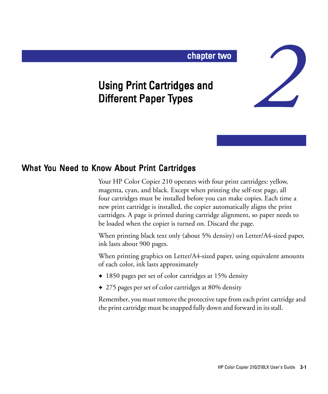 HP 210Lx manual Chapter two, What You Need to Know About Print Cartridges 