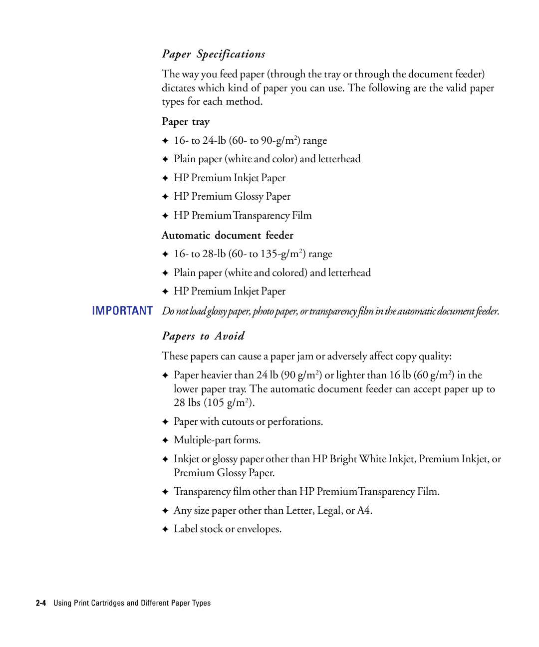 HP 210Lx manual Paper Specifications, Papers to Avoid 