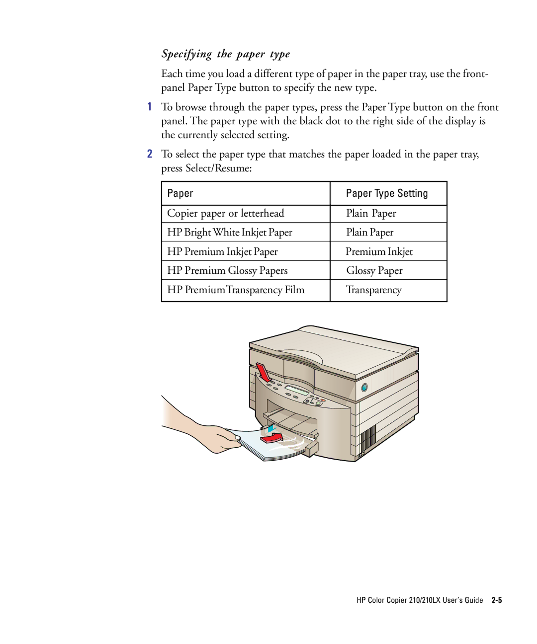 HP 210Lx manual Specifying the paper type, Paper 