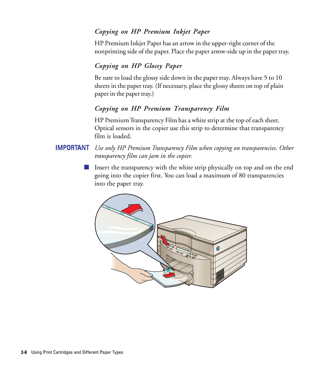 HP 210Lx manual Copying on HP Premium Inkjet Paper, Copying on HP Glossy Paper, Copying on HP Premium Transparency Film 