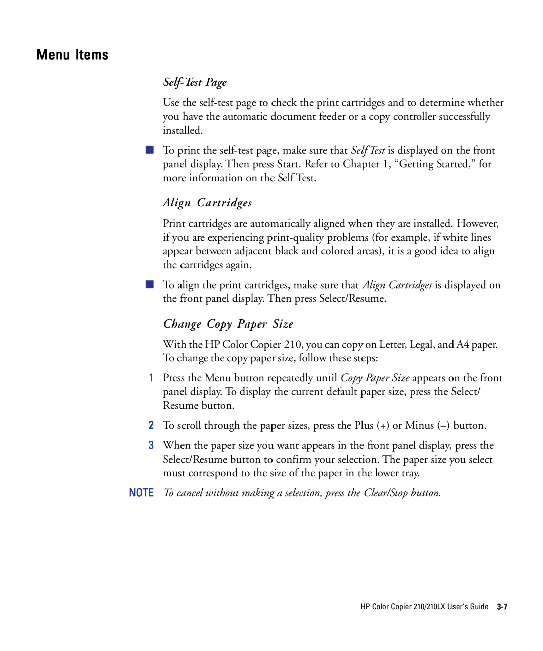 HP 210Lx manual Menu Items, Self-Test, Align Cartridges, Change Copy Paper Size 