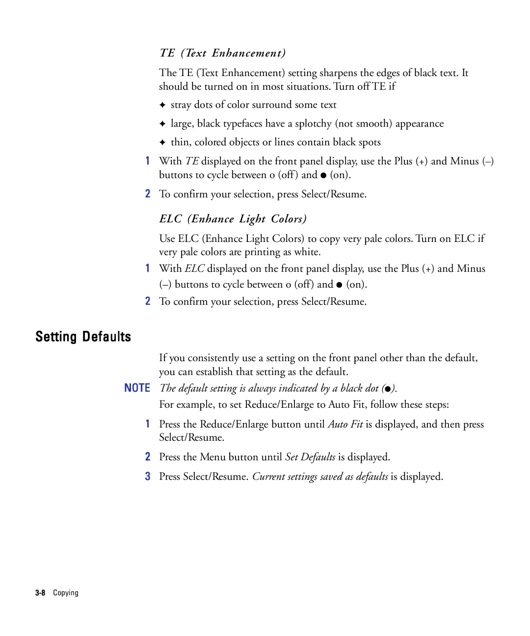 HP 210Lx manual Setting Defaults, TE Text Enhancement, ELC Enhance Light Colors 