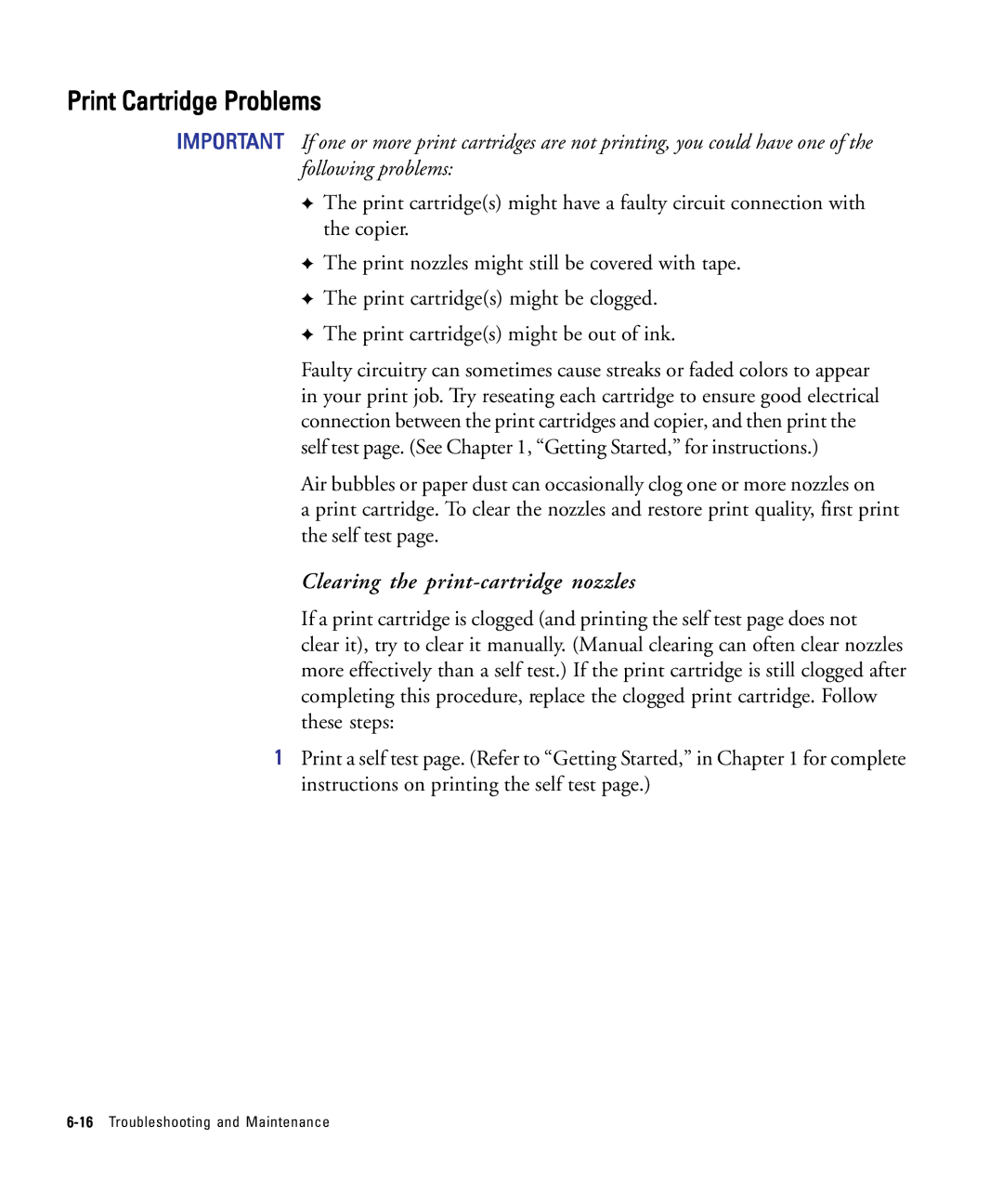 HP 210Lx manual Print Cartridge Problems, Clearing the print-cartridge nozzles 