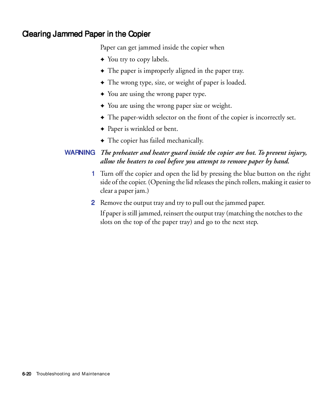 HP 210Lx manual Clearing Jammed Paper in the Copier 