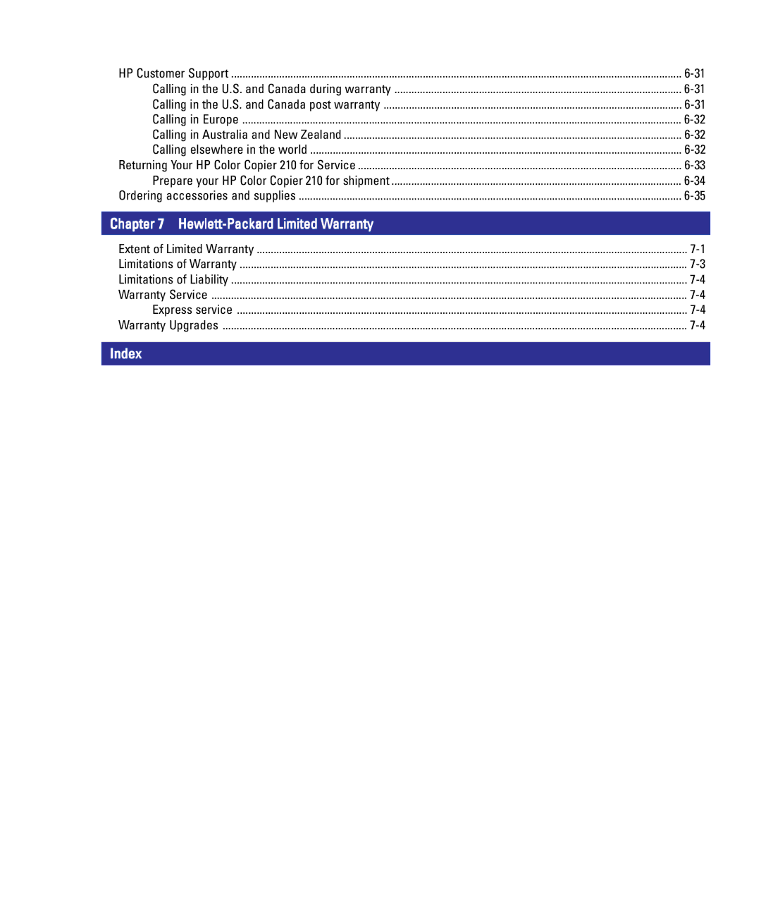 HP 210Lx manual Index 