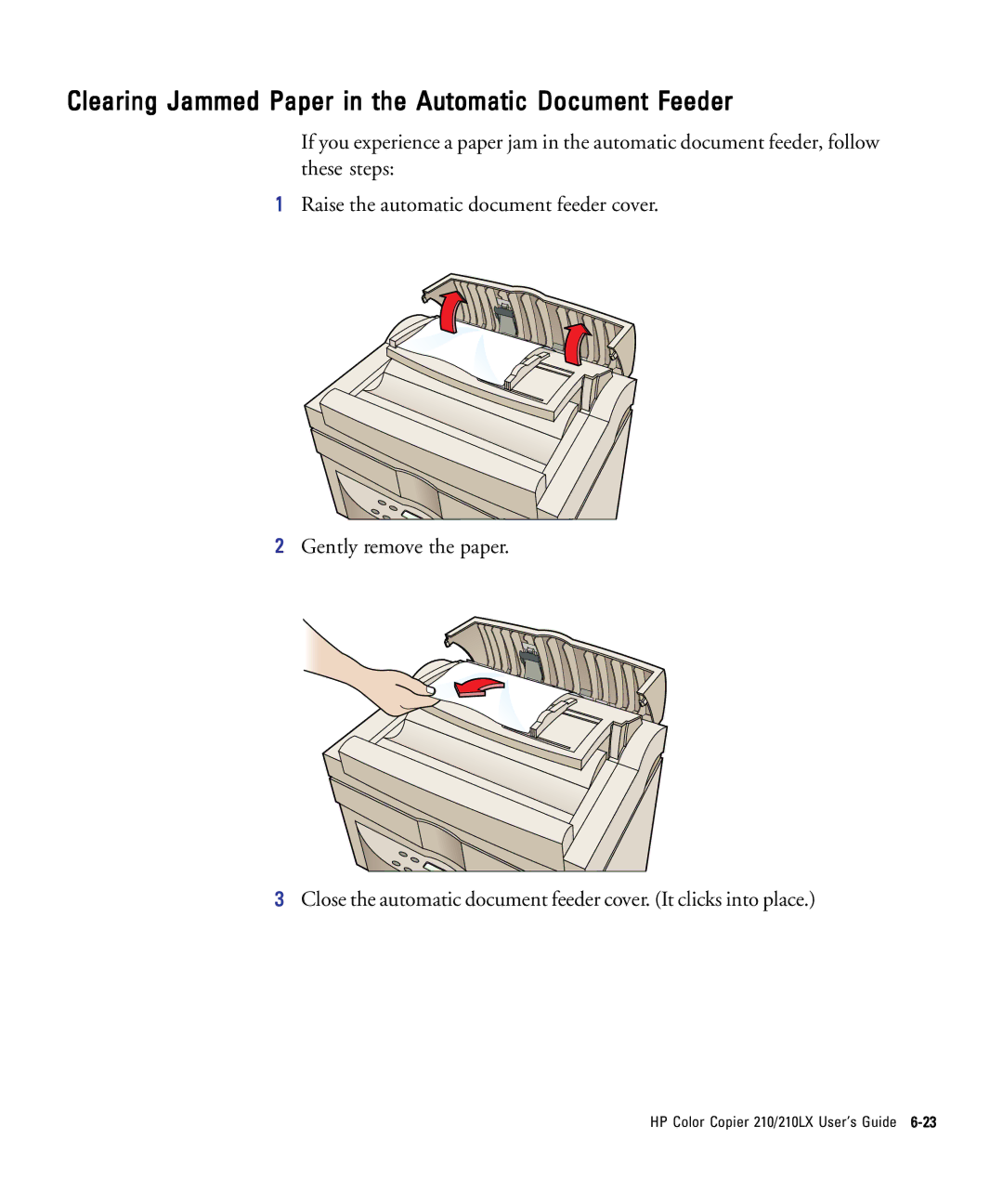 HP 210Lx manual Clearing Jammed Paper in the Automatic Document Feeder 