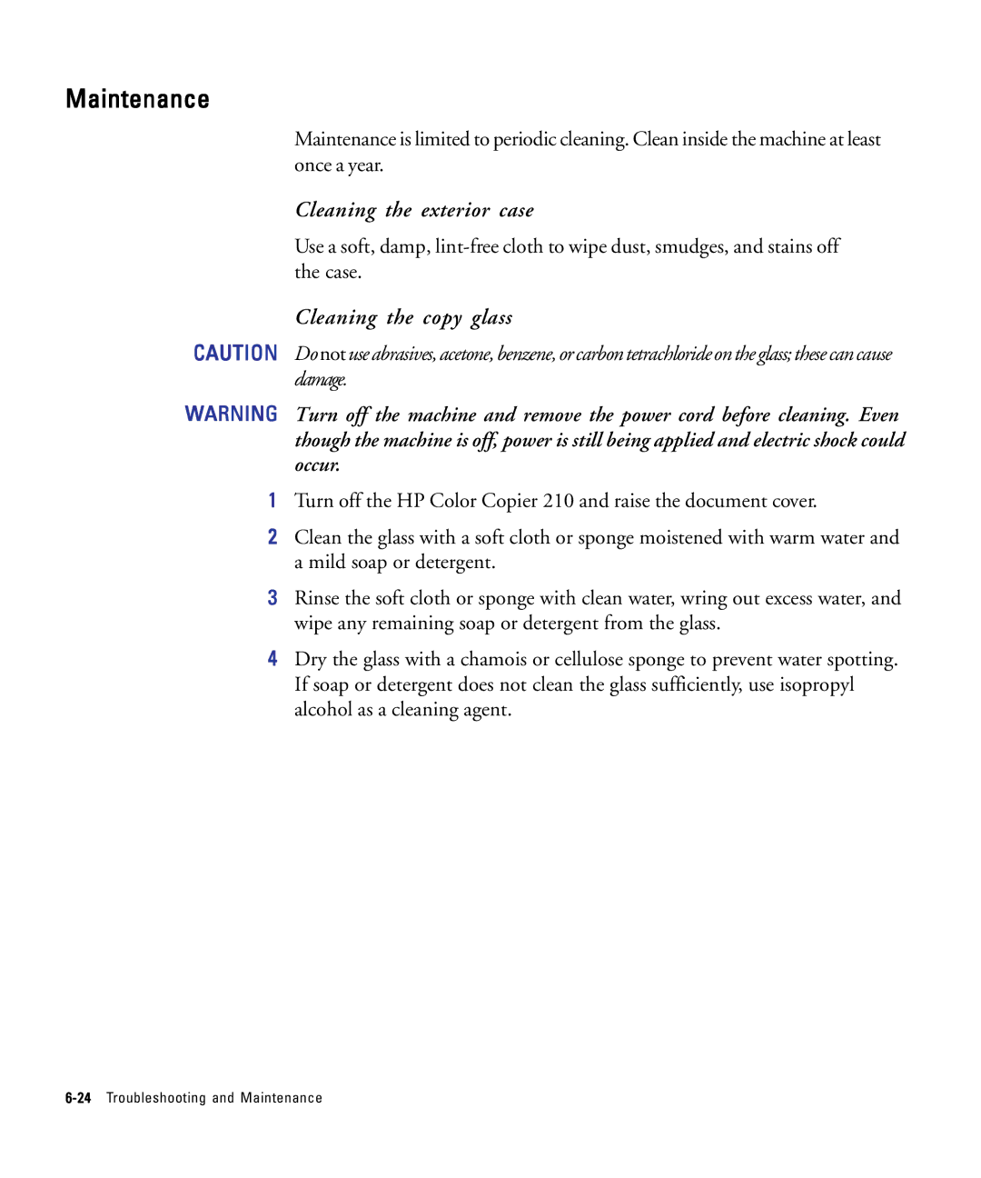 HP 210Lx manual Maintenance, Cleaning the exterior case, Cleaning the copy glass 