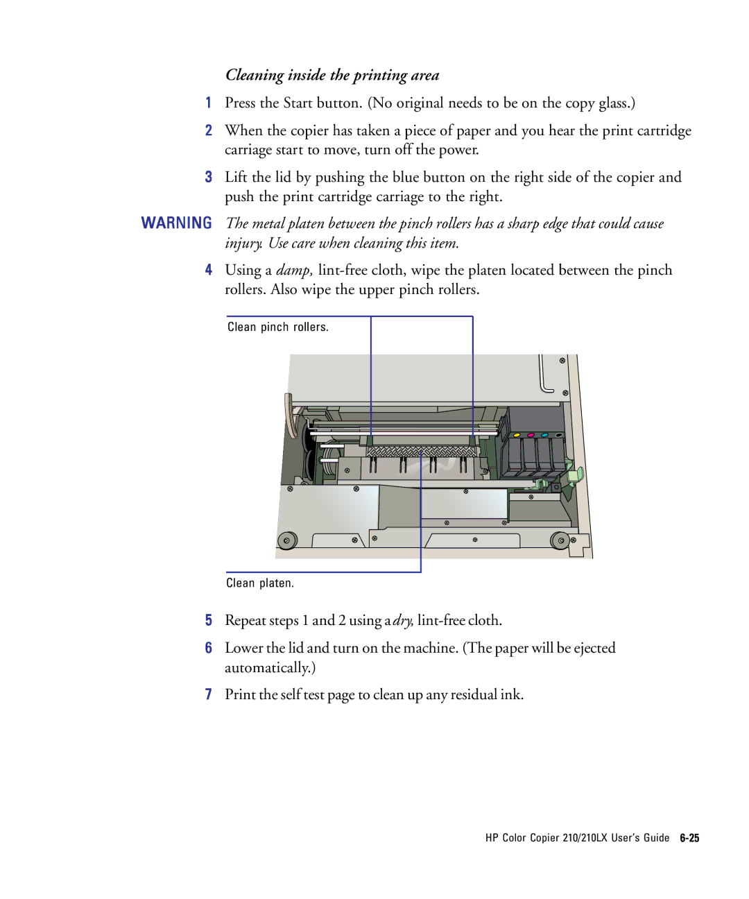 HP 210Lx manual Cleaning inside the printing area 