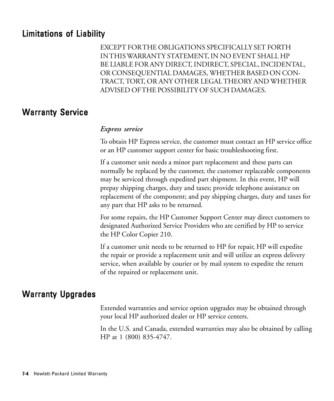 HP 210Lx manual Limitations of Liability, Warranty Service, Warranty Upgrades, Express service 