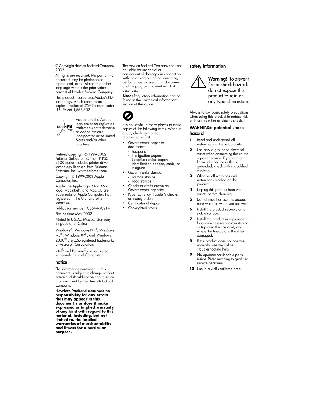 HP 2105, 2110xi manual Safety information, Copyright Hewlett-Packard Company 