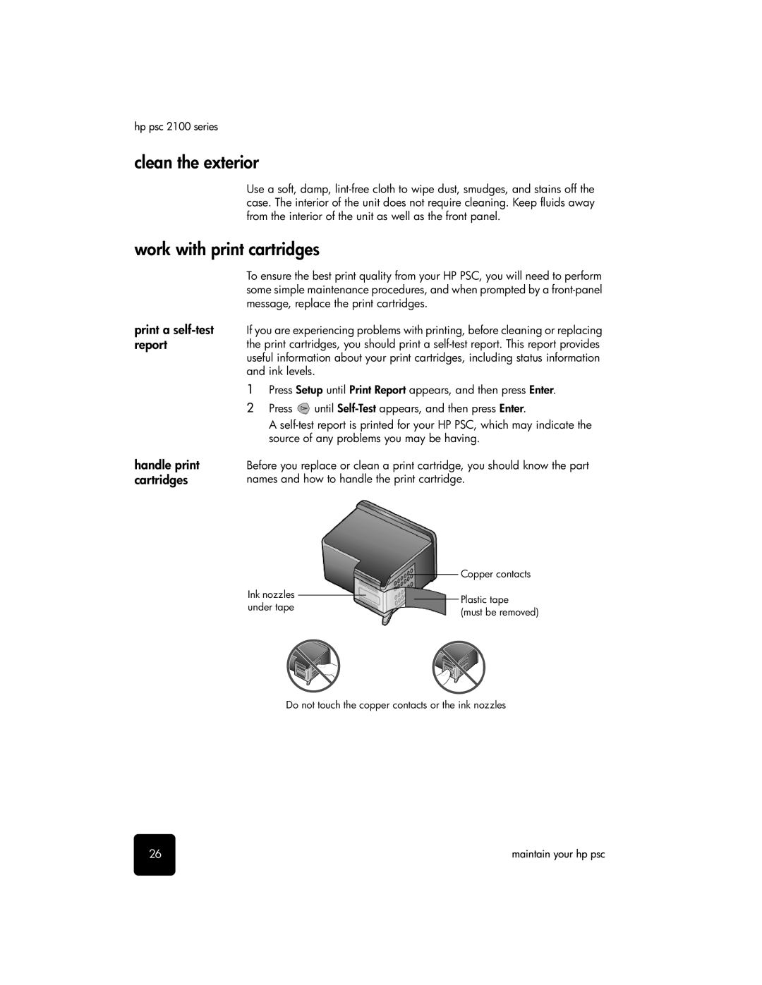 HP 2110xi, 2105 manual Clean the exterior, Work with print cartridges, Print a self-test report Handle print cartridges 